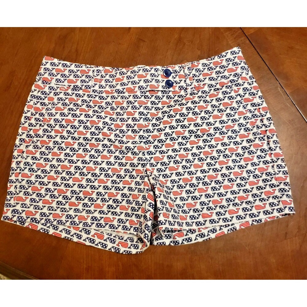 Vineyard Vines SHORTS WOMEN 00 red blue Whales Flag Nautical zip button 4 pocket
